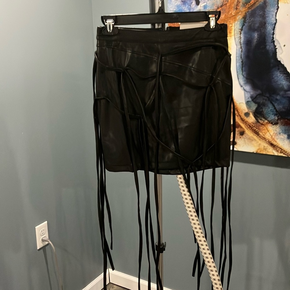 NWT Black Faux leather skirt with fringe detail